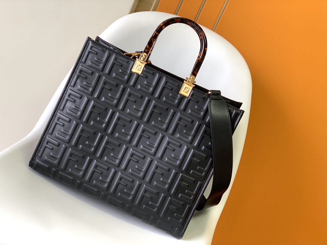 Fendi Medium Sunshine Shopper Black Leather with Raised 3D-texture FF Motif